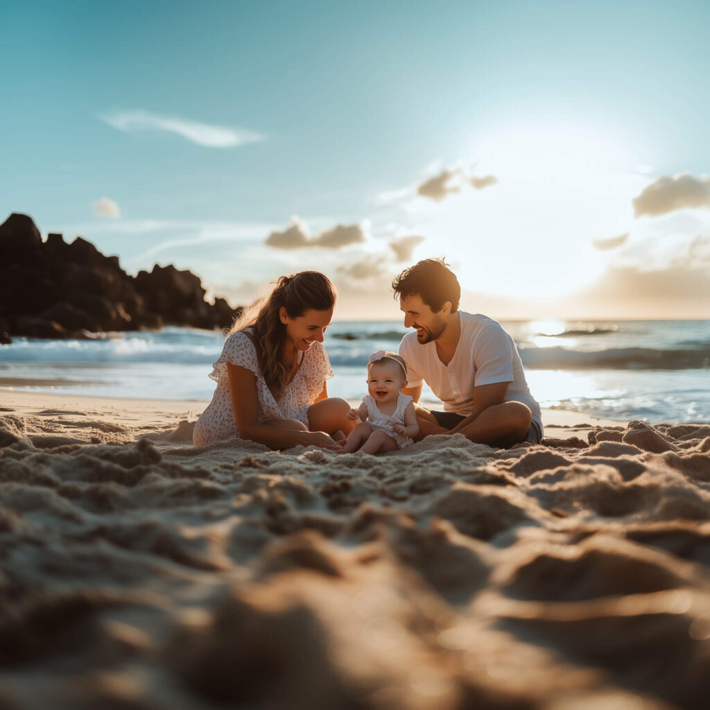 Two happy parents with a happy baby at the beach