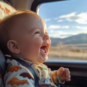 A smiling baby in a car seat with mountains in the window