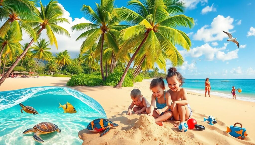 A colorful tropical scene featuring a family-friendly Hawaii vacation itinerary, showcasing iconic locations like sandy beaches, lush parks, and toddler-friendly activities. Include visuals of palm trees, serene ocean wave