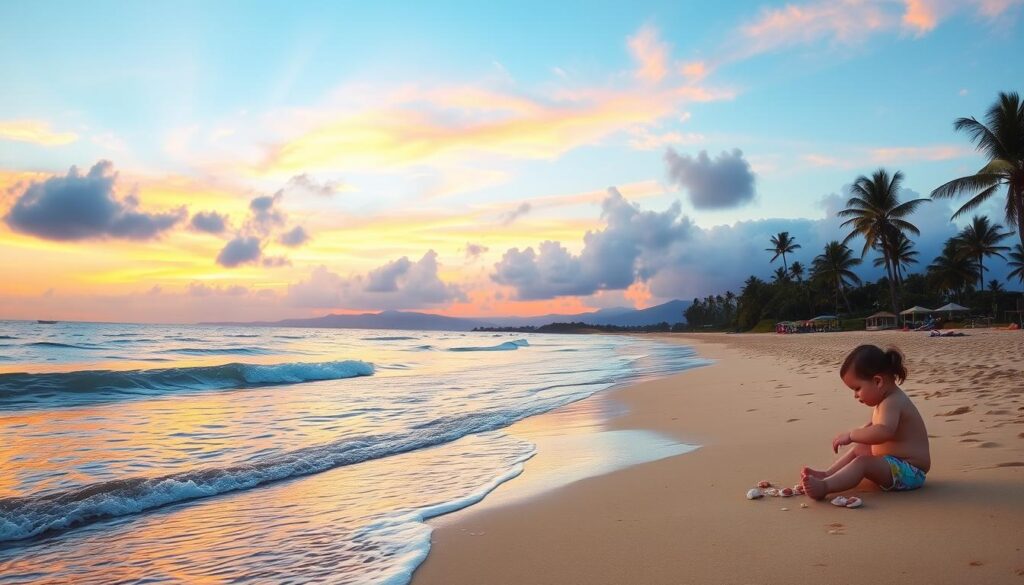 A serene beach scene in Hawaii during a vibrant sunset, soft waves gently lapping at the shore, palm trees swaying in a light breeze, colorful beach umbrellas scattered along the sand, a toddler playing with seashells